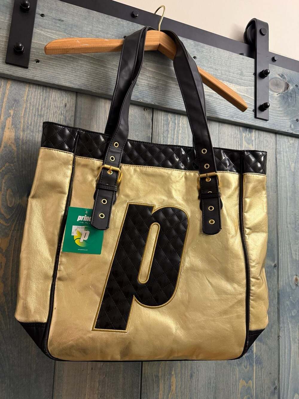 Prince Tennis Gold Metallic Quilted Tote Bag Style 6P624